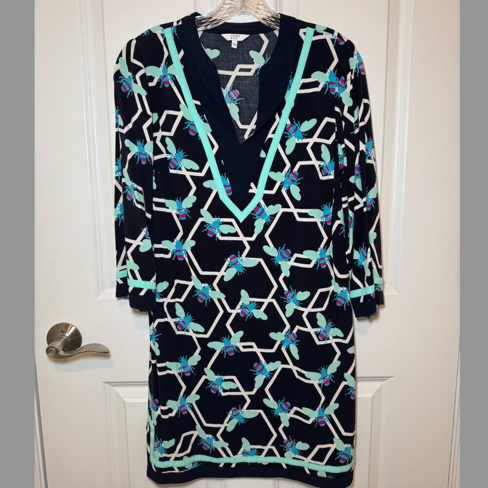 Crown & Ivy Dress Womens 4 Blue Green Bee Print V-Neck 3/4 sleeve Tunic